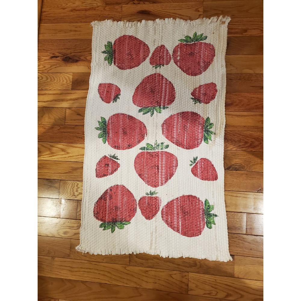 Vintage 1970s Strawberry Woven Rag Rug - 41" x 24" Cottagecore Retro Accent Mat